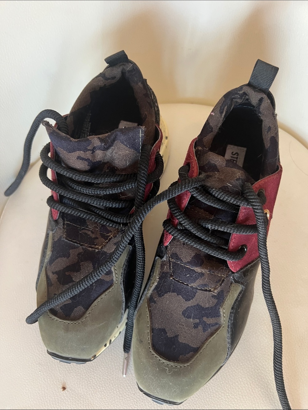 Steve Madden Olive Green Camo Sneakers with Red Accents